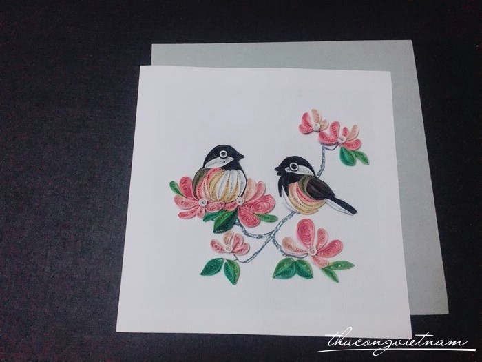 Thiệp năm mới quilling hoa đào và chim én mẫu 2